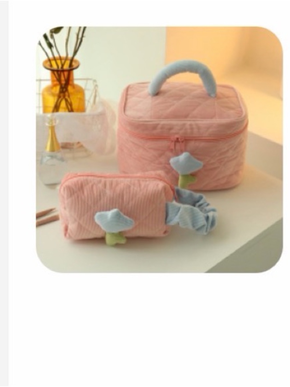GOGO Pink Kids Travel Cosmetic Bag Set with Light Blue Flower Charms